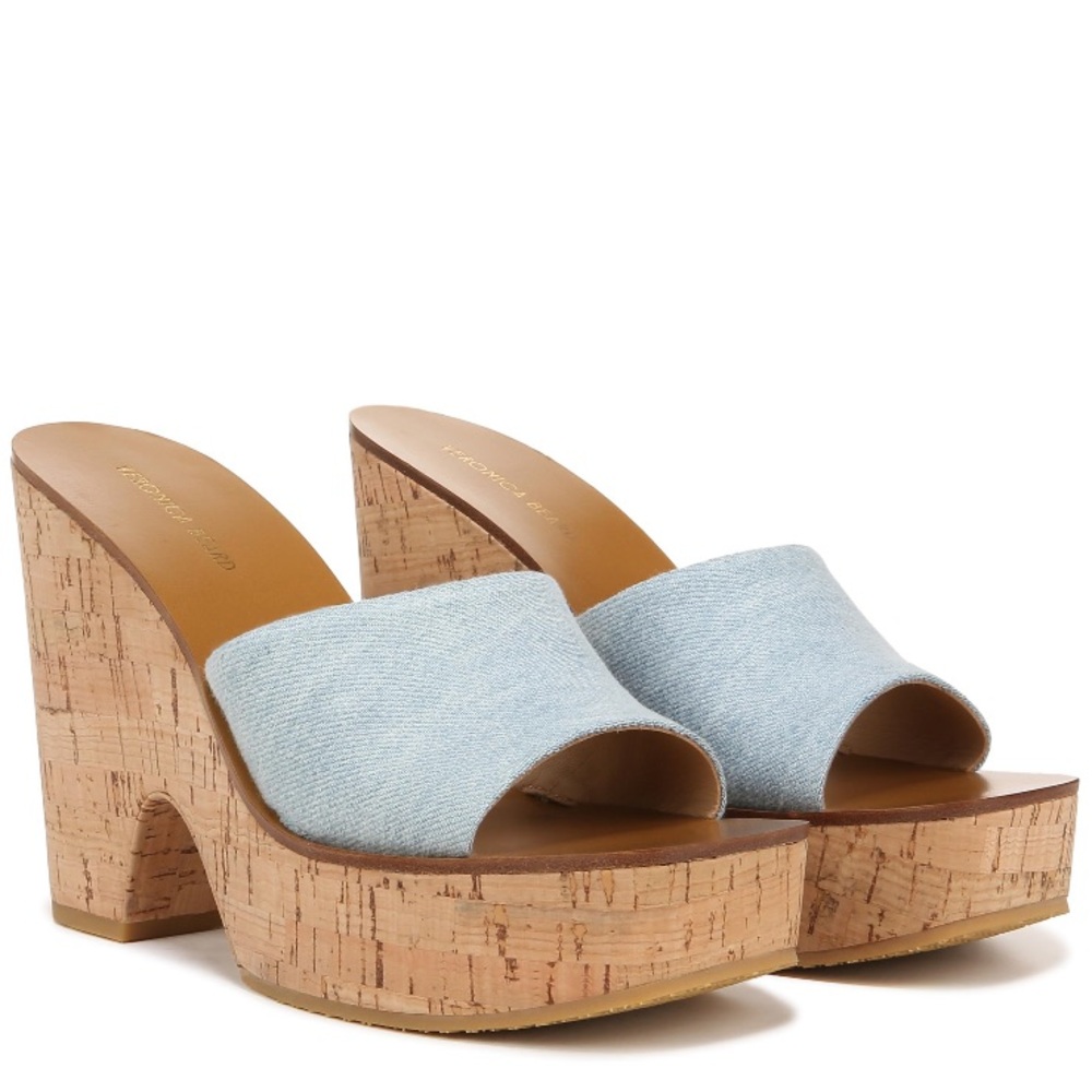 Veronica Beard Light Blue Denim Cork Platform Mules